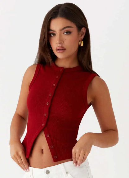 Haut Sans Manches Femme – Maille Unie Boutonnée