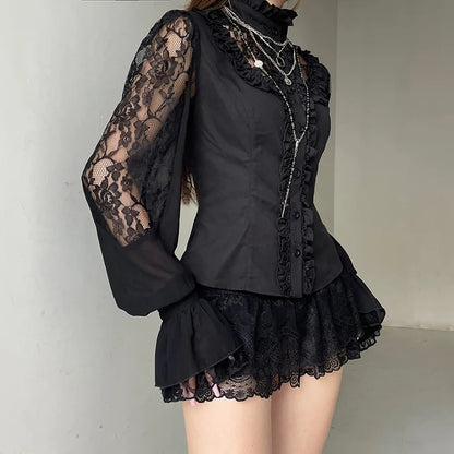 Chemisier femme rétro en dentelle florale à col montant