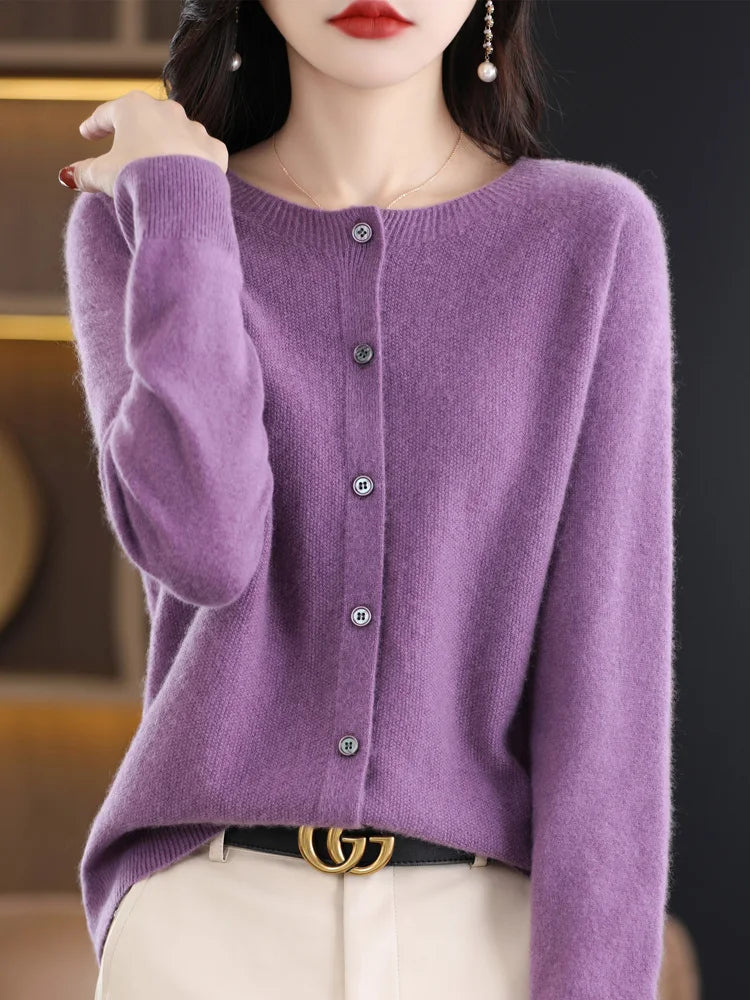 Cardigan à col rond en laine mérinos pour femmes