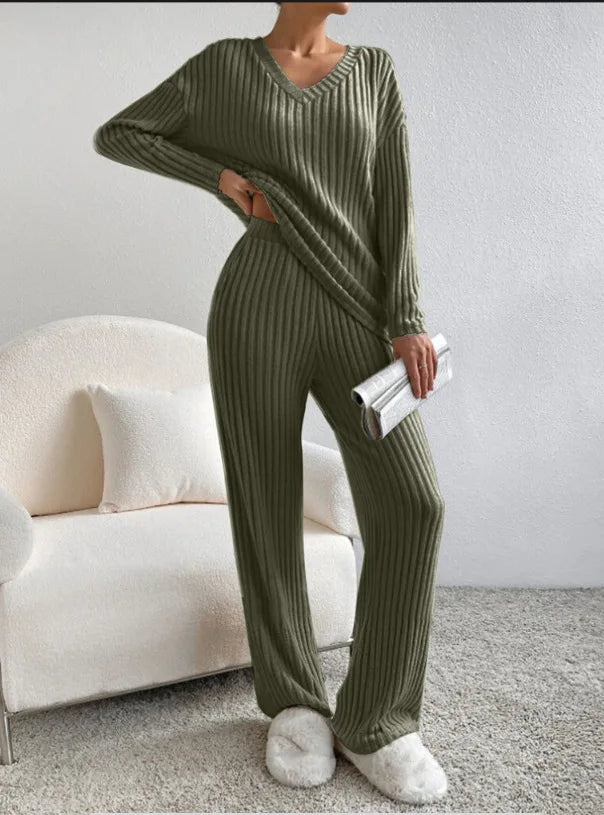 Ensembles 2 pièces pantalons décontractés à jambe droite + hauts élégants en maille à rayures  pour femmes