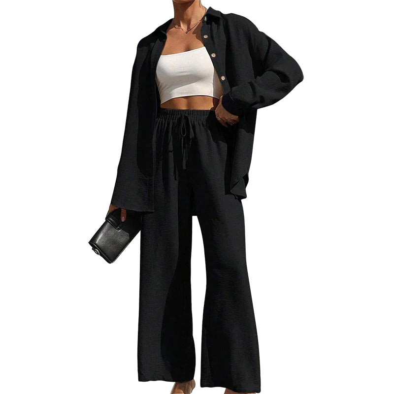 Ensemble deux pièces chemise boutonnée unie et pantalon large à nouer sur le devant pour femmes
