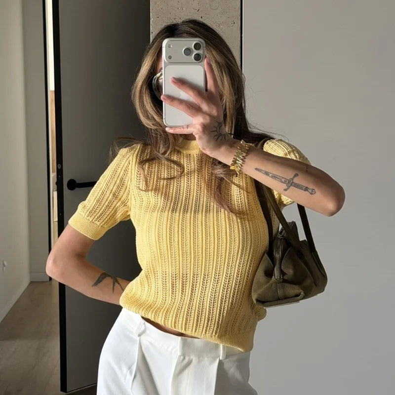 T-shirt en maille côtelée ajourée pour femmes