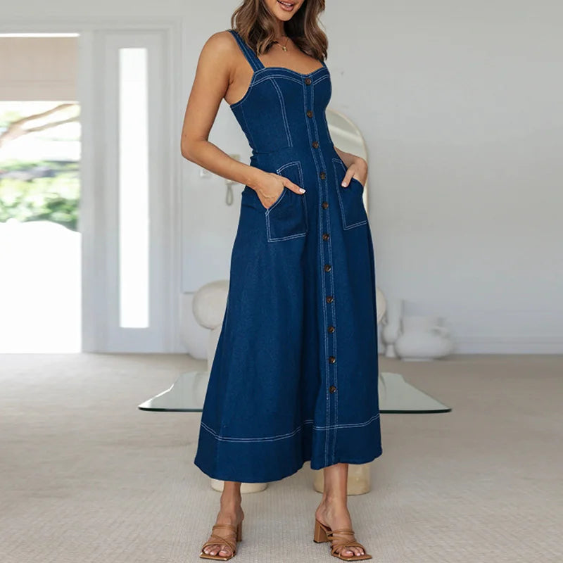Robe vintage boutonnée à bretelles décontractées pour femmes