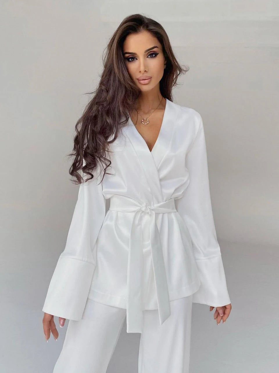 Pyjama en Satin, de couleur unie pour femmes