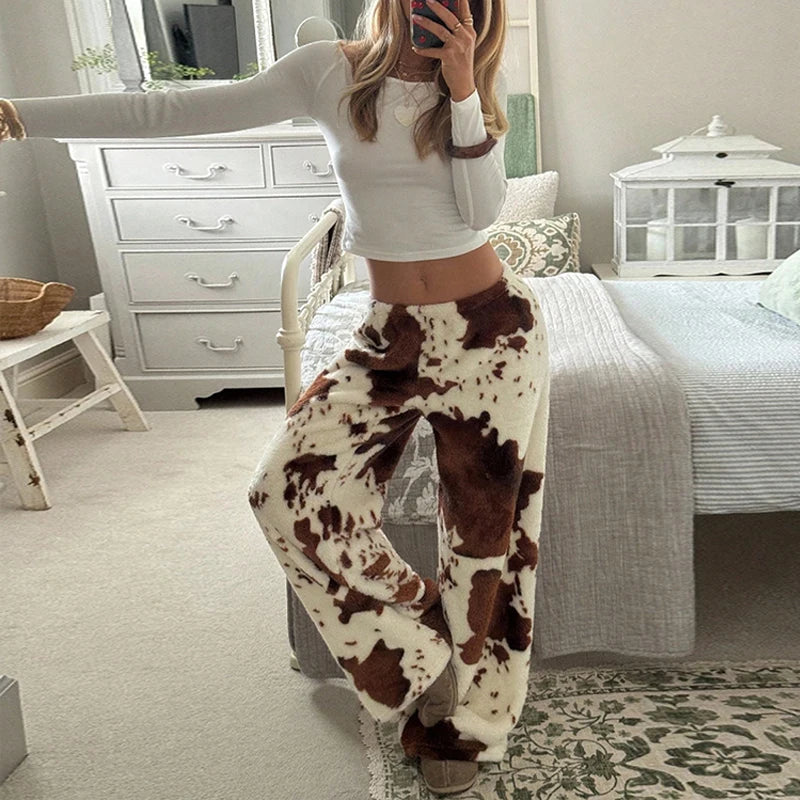 Pantalon pyjama femme ample en flanelle à imprimé vache