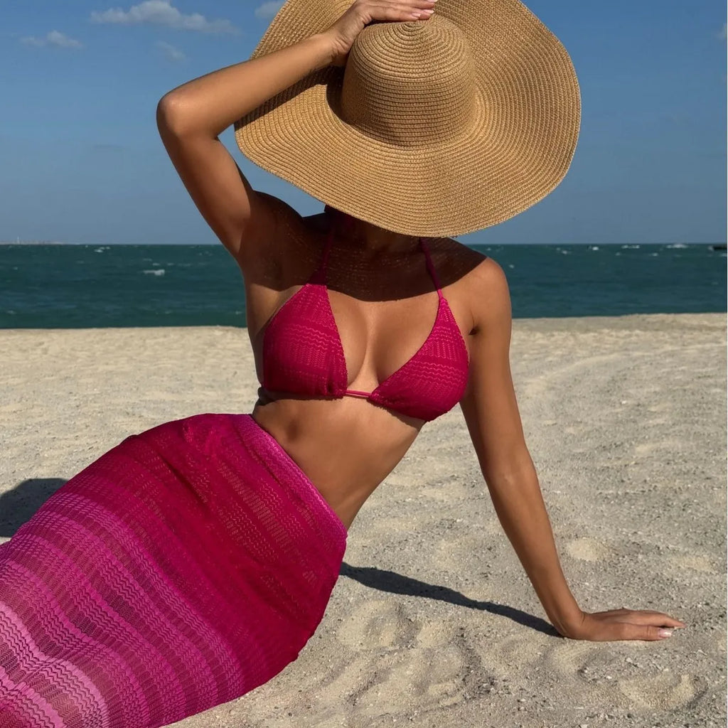 Ensemble maillot de bain trois pièces avec robe de plage en maille pour femmes