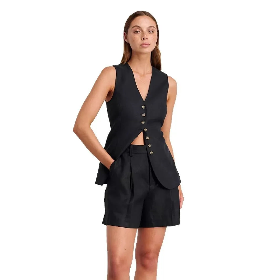 Ensemble débardeur et short en coton et lin, chic et décontracté pour femmes