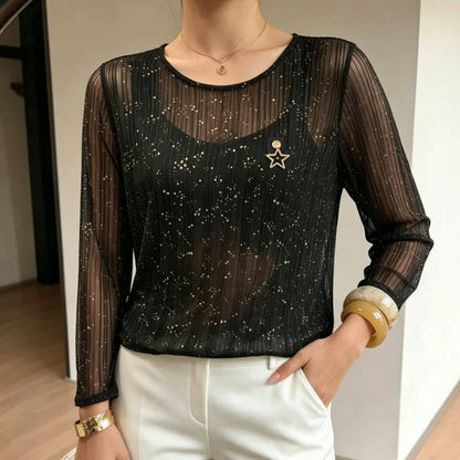 Chemisier Transparent Femme – Col Rond et Broche Étoile