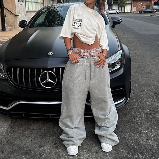 Pantalon jogging femme taille haute patchwork à poches