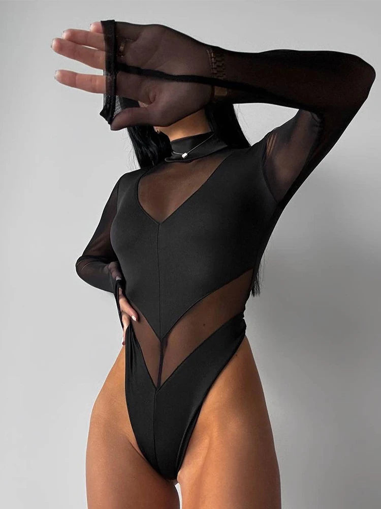 Body transparent à manches longues pour femmes