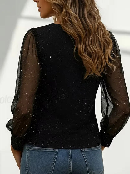 T-shirt Scintillant Femme – Maille, Col V et Manches Longues