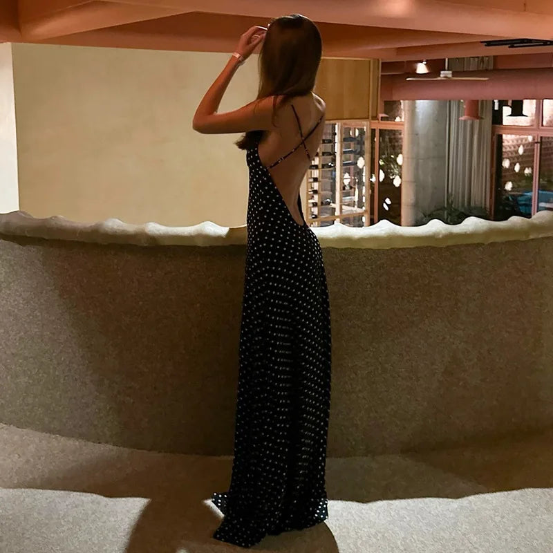 Robe longue slim noire à pois pour femmes