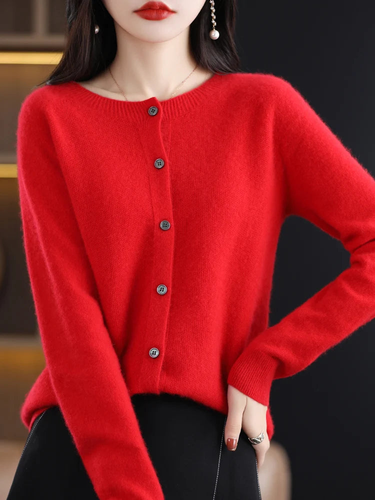 Cardigan à col rond en laine mérinos pour femmes