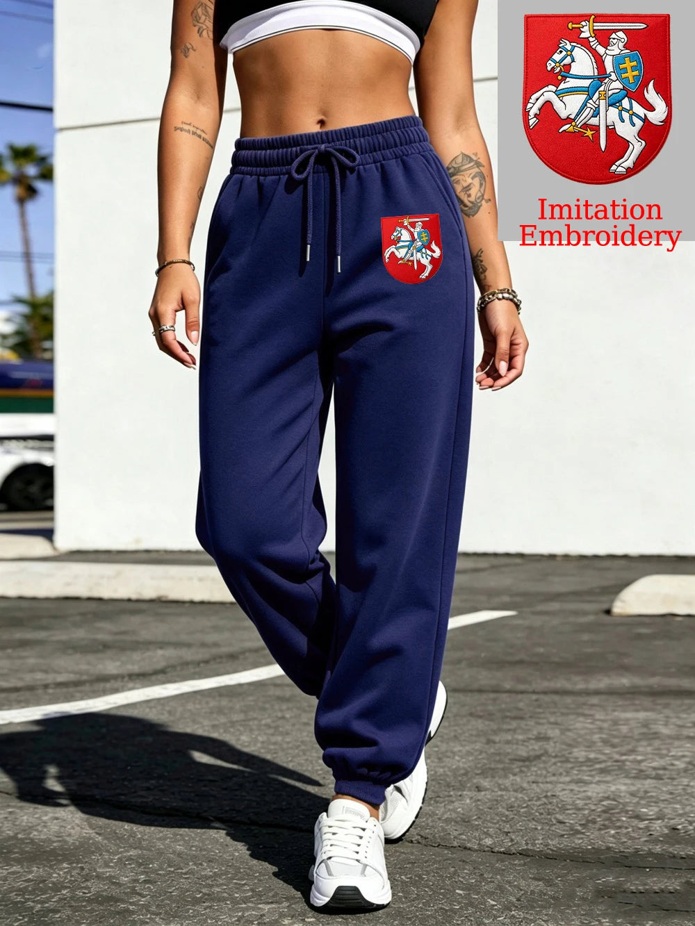 Pantalon de jogging basique à poches imprimé de l'emblème de la Lituanie pour femmes