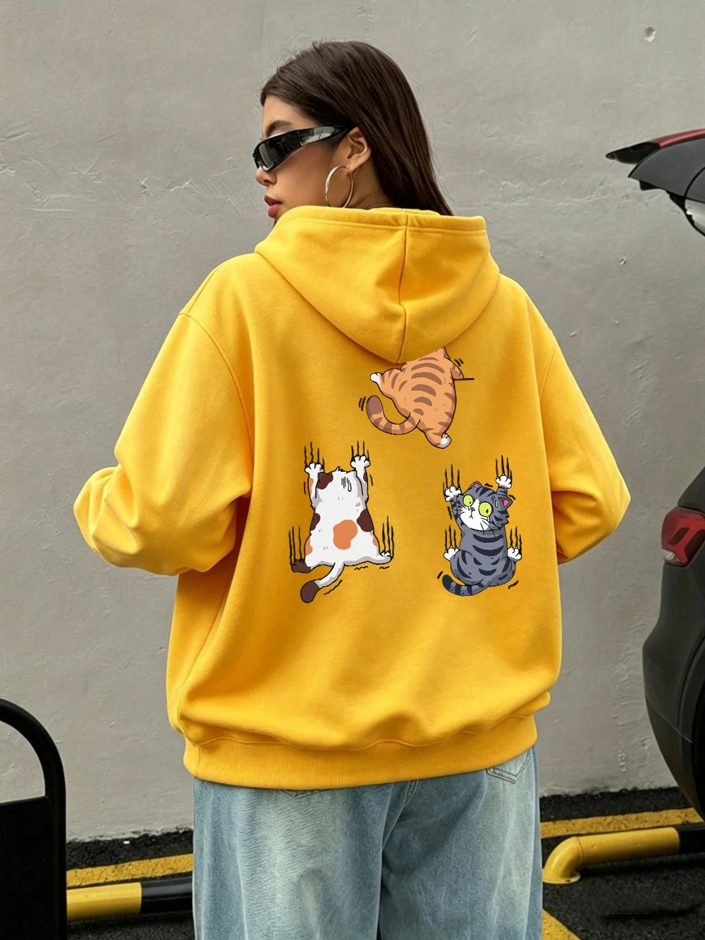 Sweat à capuche imprimé « Trois chats qui grimpent » pour femmes