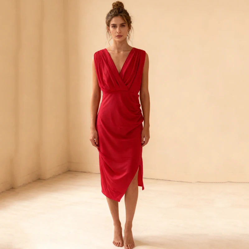 Robe de Soirée Rouge Femme – Dos Nu et Décolleté V