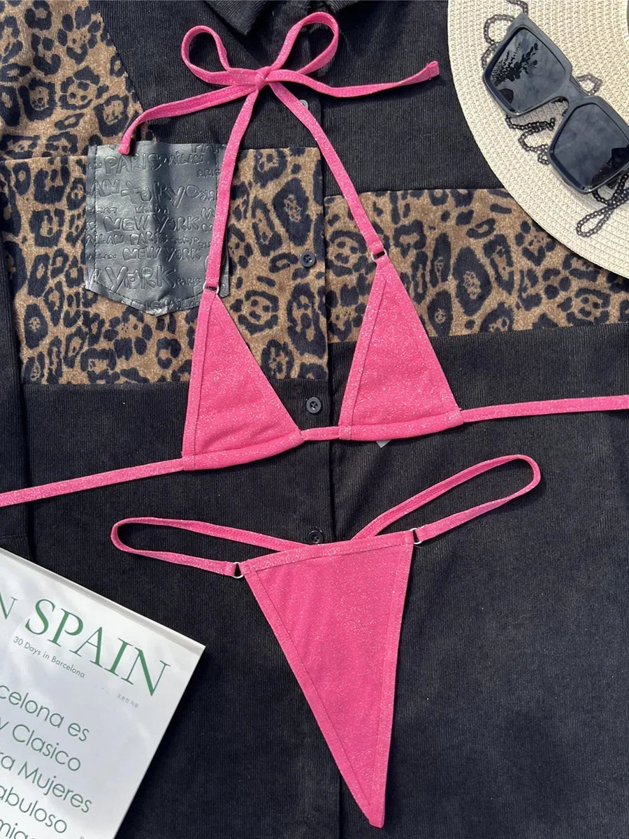 Maillot de bain deux pièces en cuir PU brillant pour femmes