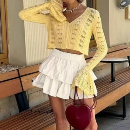 Cardigan Court Femme – Maille Ajourée et Col V