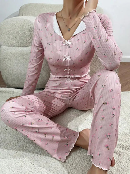 Pyjama Fleuri Femme – Haut Manches Longues et Pantalon