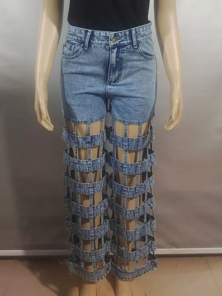 Jean droit taille haute perforé pour femmes