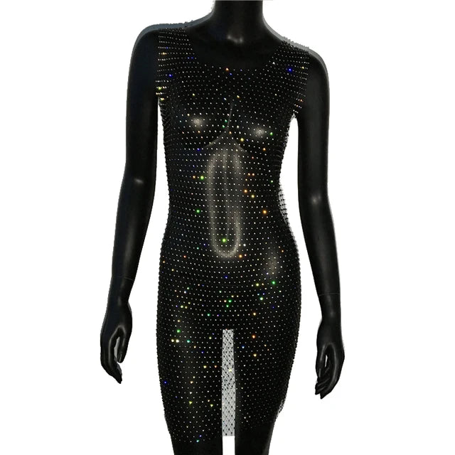 Robe de soirée en résille scintillante, strass, paillettes pour femmes
