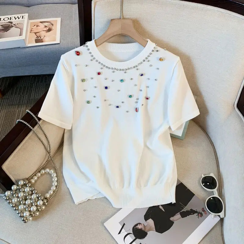 T-shirt à manches courtes et col rond à motif diamants colorés pour femmes