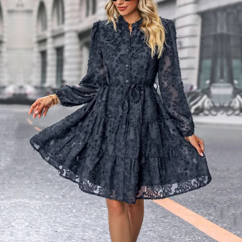 Robe mi-longue à manches longues en dentelle pour femmes
