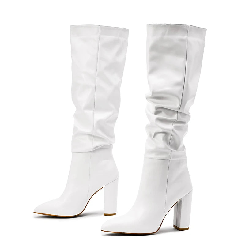 Bottes plissées à talons hauts et épais pour femmes