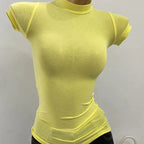 T-shirt à col mi-haut transparent à manches courtes pour femmes