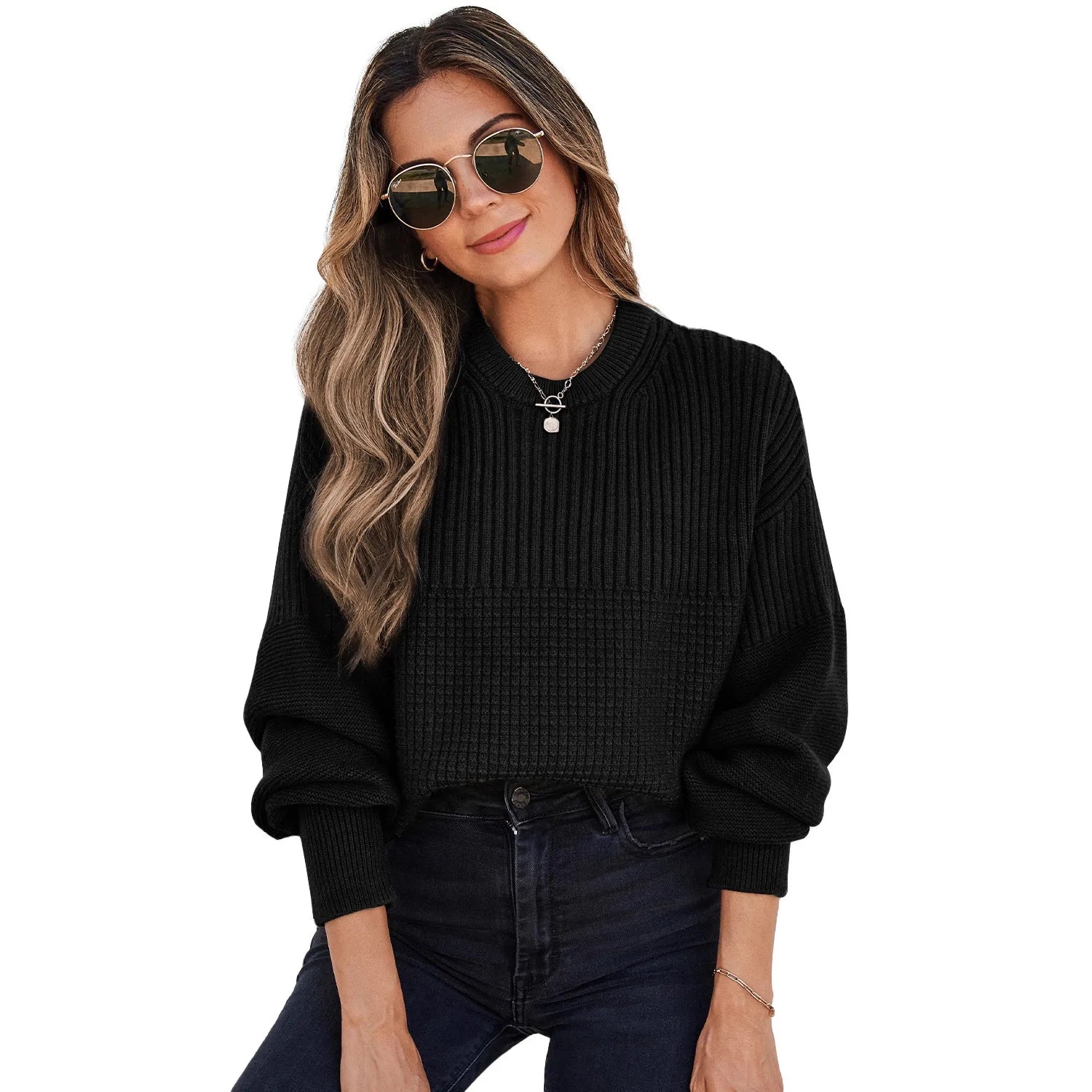 Pull en tricot décontracté à manches longues et col rond pour femmes