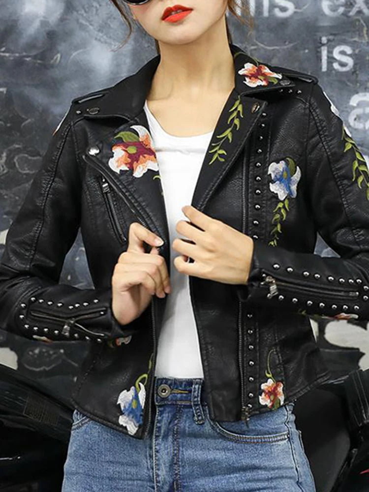 Veste Vintage imprimé fleuri broderie en Pu Faux  pour femmes