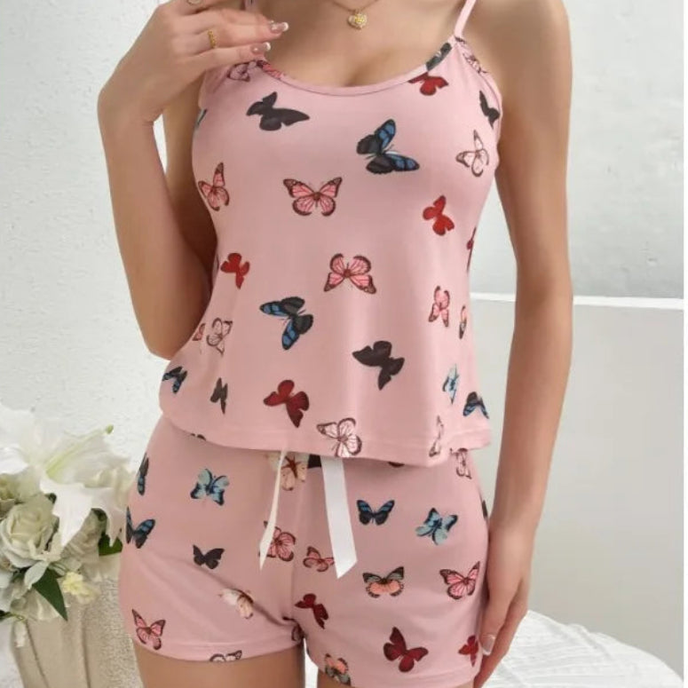 Ensemble de pyjama imprimé papillons ave haut à bretelles et short pour femmes