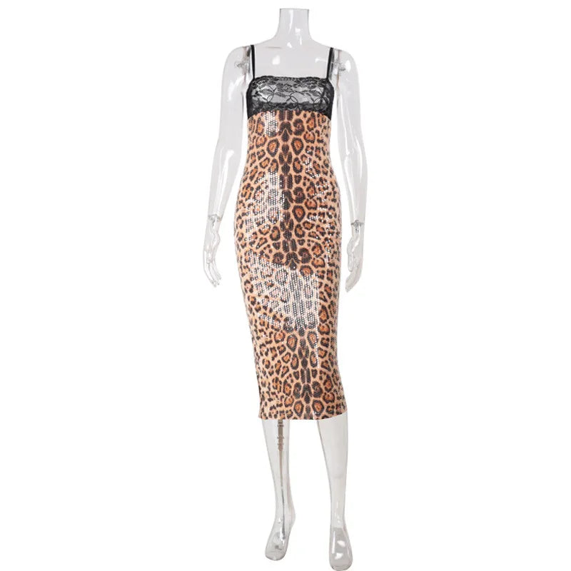 Robe longue à sequins imprimé léopard pour femmes