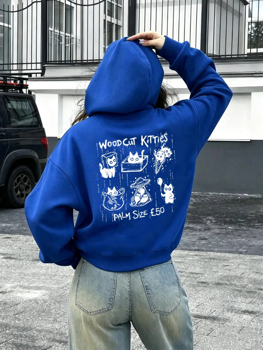 Sweat-shirts à capuche imprimés Woodcut Boxes Pocket Kitties pour femmes