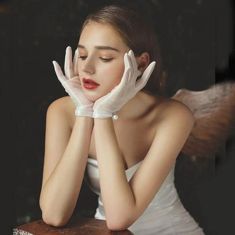 Gants de poignet courts en tulle blanc pour femmes