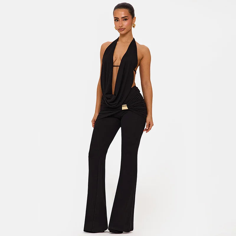 Ensemble 2 pièces haut dos nu sans manches et pantalon évasé froncé pour femmes
