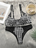 Ensemble de lingerie avec motif à carreaux noir et blanc et anneau en acier pour femmes
