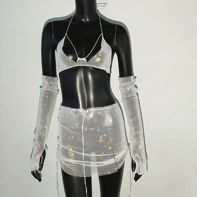 Ensemble 3 pièces haut court dos nu transparent à strass et paillettes pour femmes