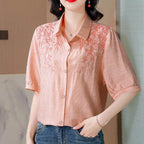 Chemise brodée en coton et lin à col polo pour femmes