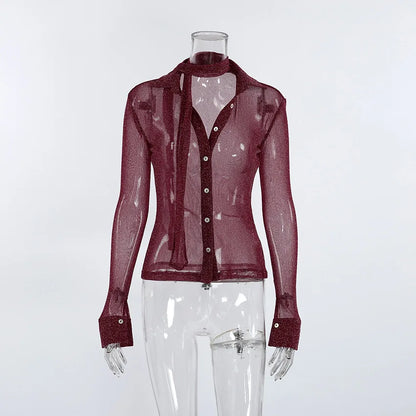 Chemisier Brillant Femme – Transparence et Écharpe