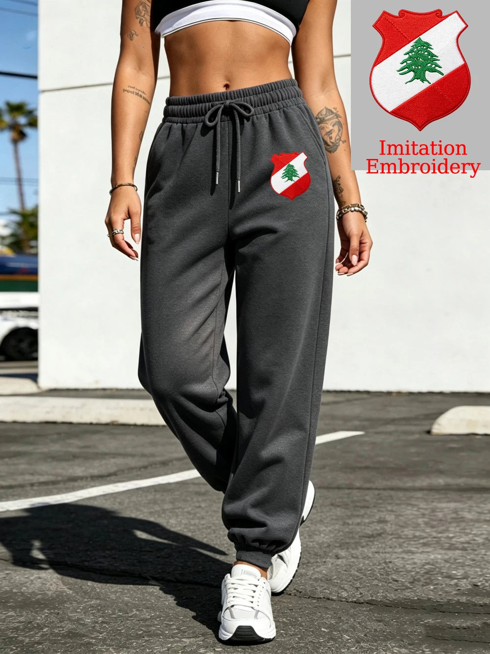 Pantalon de jogging décontracté en molleton imprimé emblème du Liban pour femmes