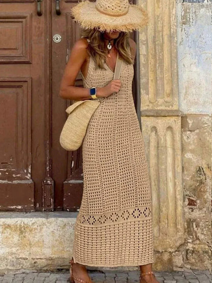Robe Longue de Plage Femme – Col V et Maille Ajourée
