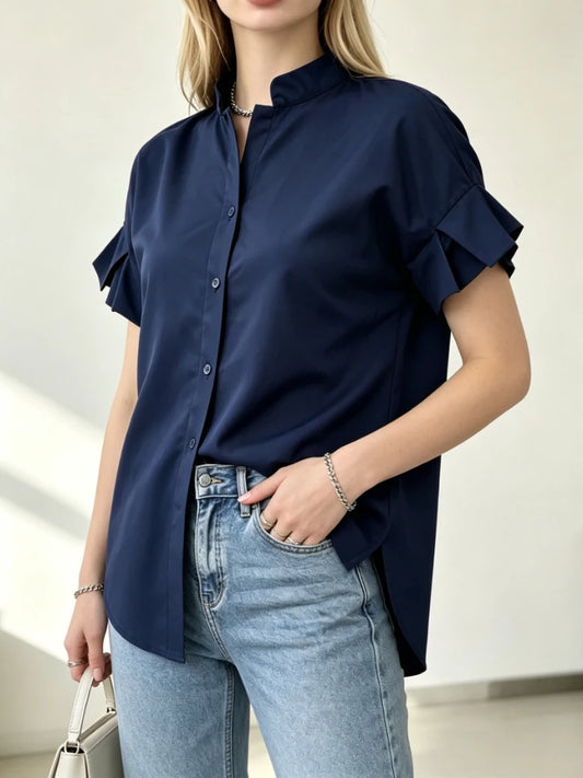 Chemisier Bleu Marine Femme – Col Montant et Manches Courtes