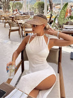 Robe de plage moulante sexy transparente en maille dos nu à lacets et fente pour femmes