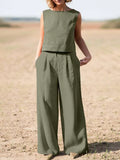 Ensemble deux pièces haut ample à col rond et pantalon à jambes larges pour femmes