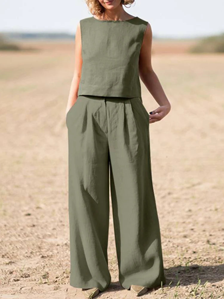 Ensemble deux pièces haut ample à col rond et pantalon à jambes larges pour femmes