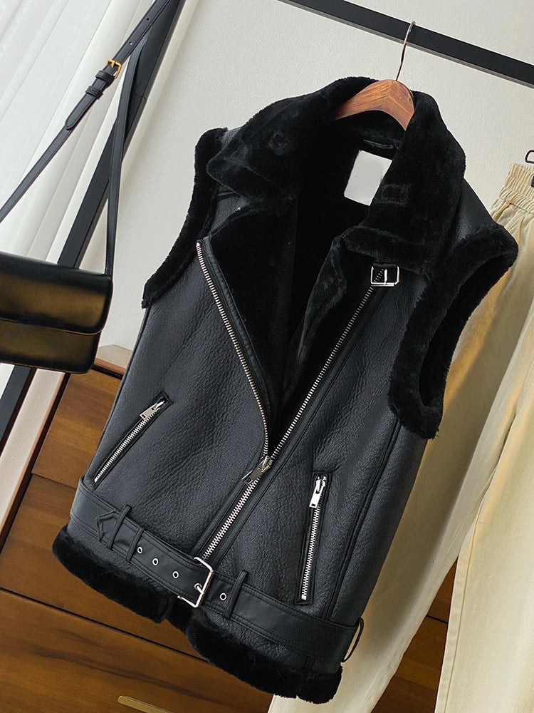 Veste en faux cuir avec ceinture pour femmes
