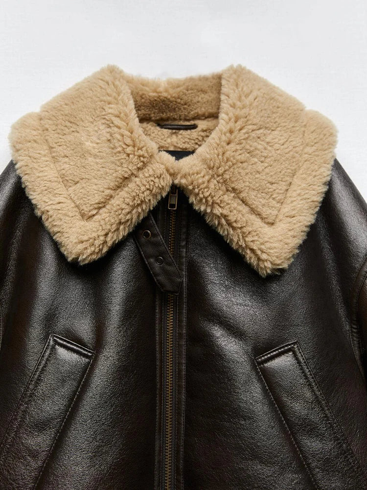 Veste chaude en fausse fourrure de cuir pour femmes