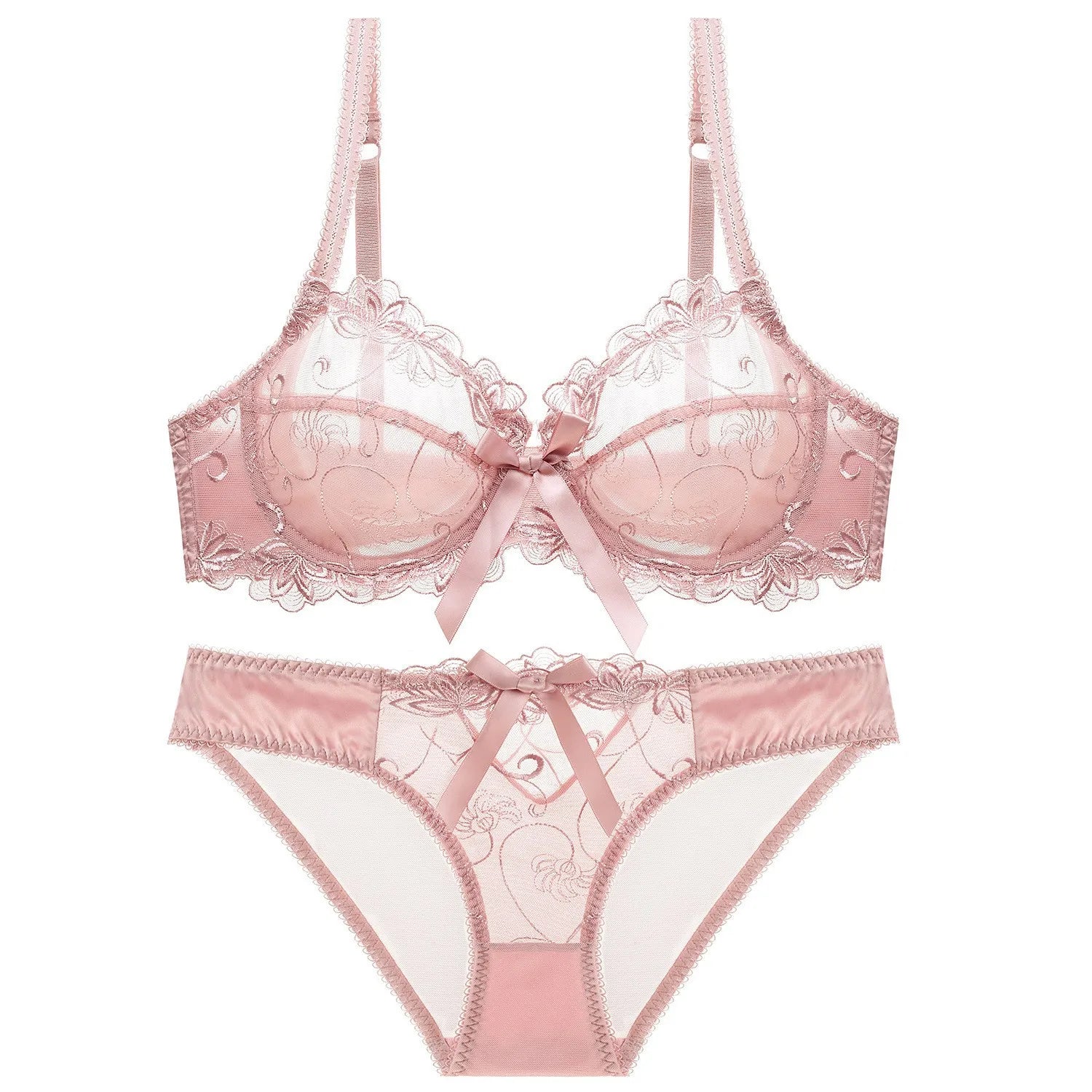 Ensemble de soutien-gorge transparent en dentelle avec nœud ultra-fin et culotte pour femmes