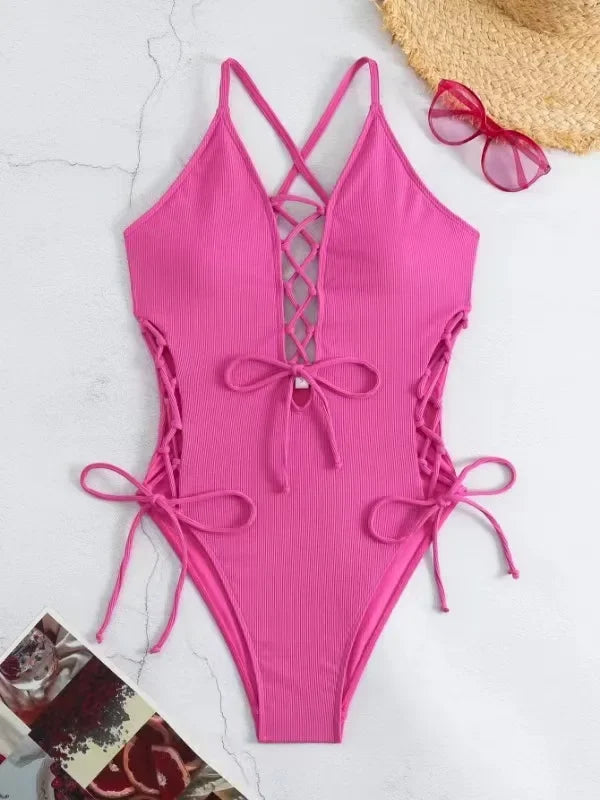 Maillots de bain une pièces col en V profond Push Up pour femmes